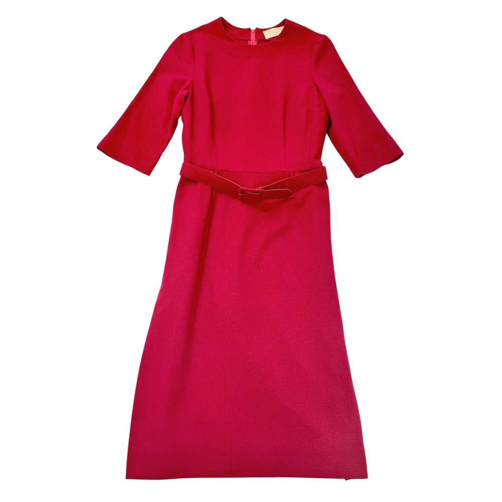 1960s‎ Pendleton Vintage Red 100% Virgin Wool Belted Sheath Dress 14 Mid Length